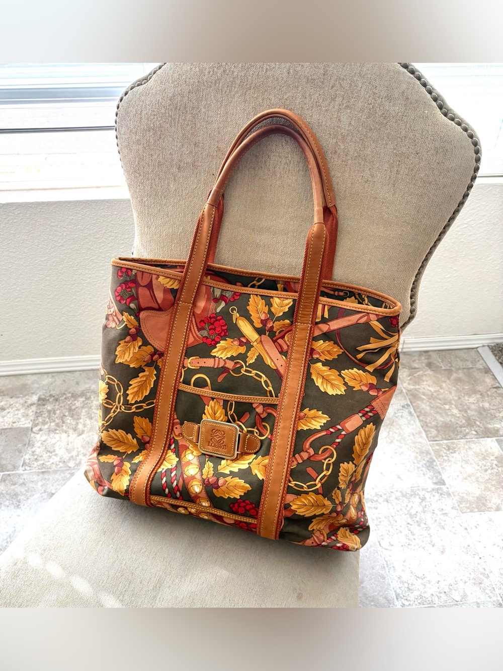 LOEWE vintage designer-Inspired Brown Leather-Trim Tote Bag with Autumn Print